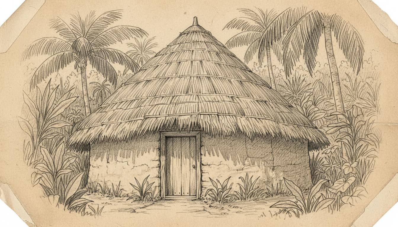 A graphite pencil drawing of a traditional Carat house from Trinidad and Tobago — a thatched-roof mud hut with Carat Palm leaves, surrounded by tropical vegetation.